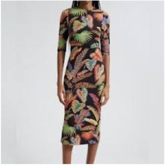 Farm Rio Women Floral 3/4 sleeve Dress Sz.XS Black NWT Cool Foliage Jersey Midi - Picture 1 of 10